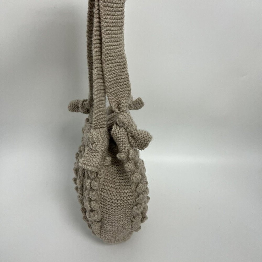 Cable Knit Hand Made Wool Blend Tan Neutral Boho Granny Grandma Tote Bag - Picture 6 of 9